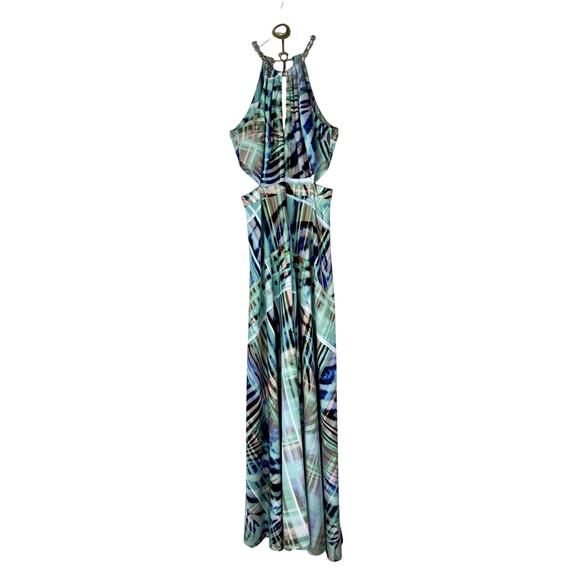 Marciano Kaleidoscope Gown Maxi Dress Chainlink Halter Cut Outs Sz 2 Blue Green - Picture 1 of 10
